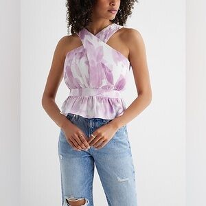 Express Floral Twist Halter Neck Pleated Peplum Tank